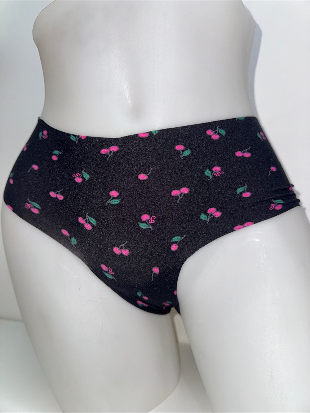 PINK Victoria's Secret Black cheeky Panty with Pink Cherry Print Sz small NWT
